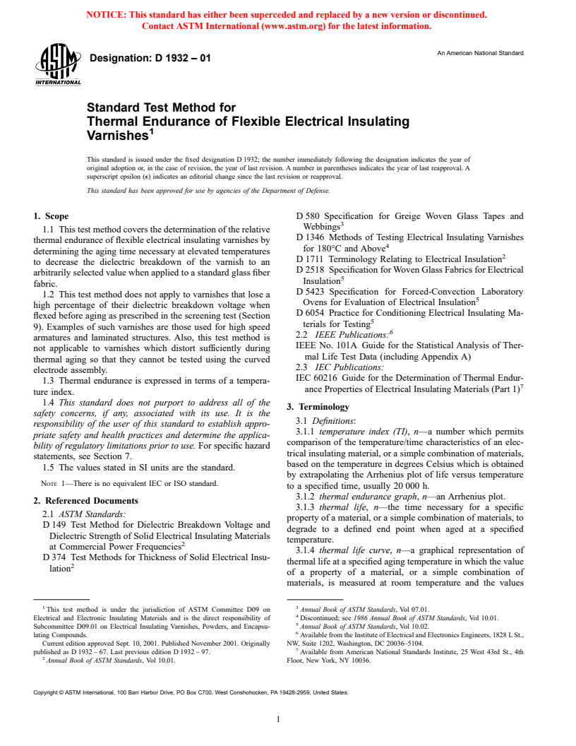 ASTM D1932-01 - Standard Test Method for Thermal Endurance of Flexible Electrical Insulating Varnishes