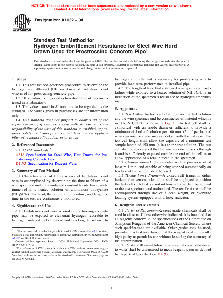 ASTM A1032-04 - Standard Test Method for Hydrogen Embrittlement Resistance for Steel Wire Hard Drawn Used for Prestressing Concrete Pipe