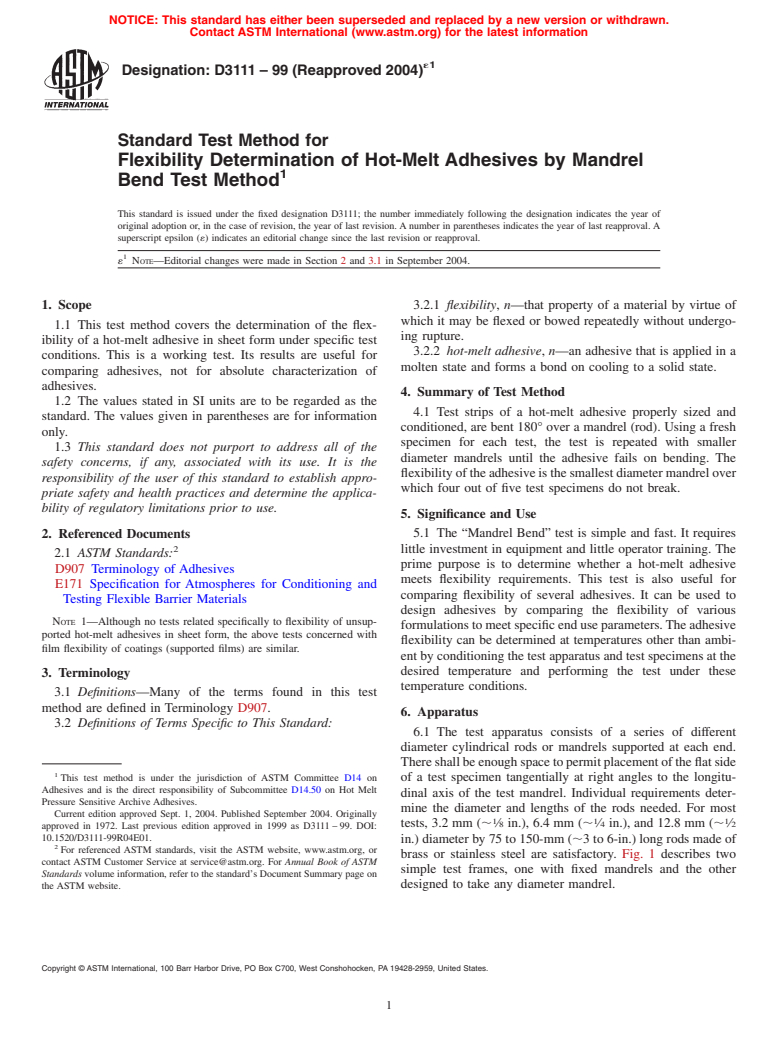 ASTM D3111-99(2004)e1 - Standard Test Method for Flexibility Determination of Hot-Melt Adhesives by Mandrel Bend Test Method