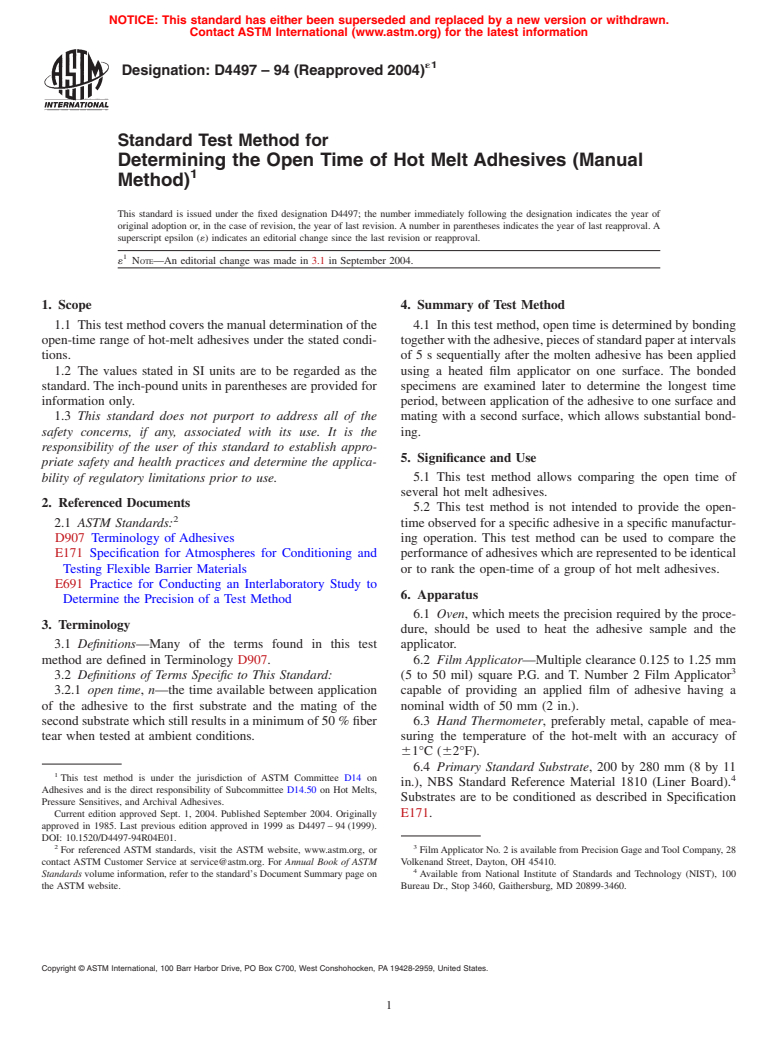 ASTM D4497-94(2004)e1 - Standard Test Method for Determining the Open Time of Hot Melt Adhesives (Manual Method)