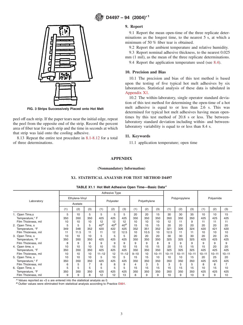 ASTM D4497-94(2004)e1 - Standard Test Method for Determining the Open Time of Hot Melt Adhesives (Manual Method)