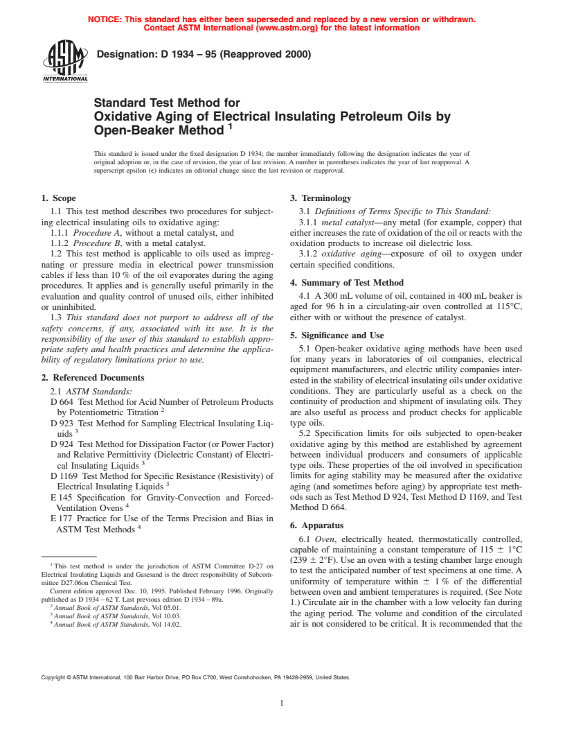 ASTM D1934-95(2000) - Standard Test Method for Oxidative Aging of Electrical Insulating Petroleum Oils by Open-Beaker Method