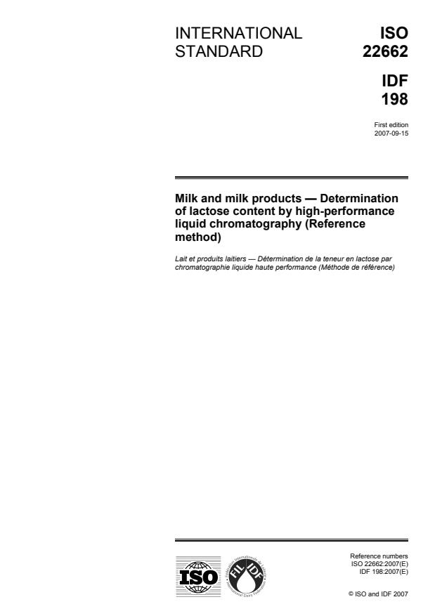 ISO 22662:2007 - Milk and milk products -- Determination of lactose content by high-performance liquid chromatography (Reference method)