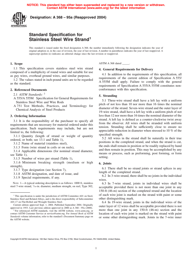 ASTM A368-95a(2004) - Standard Specification for Stainless Steel Wire Strand