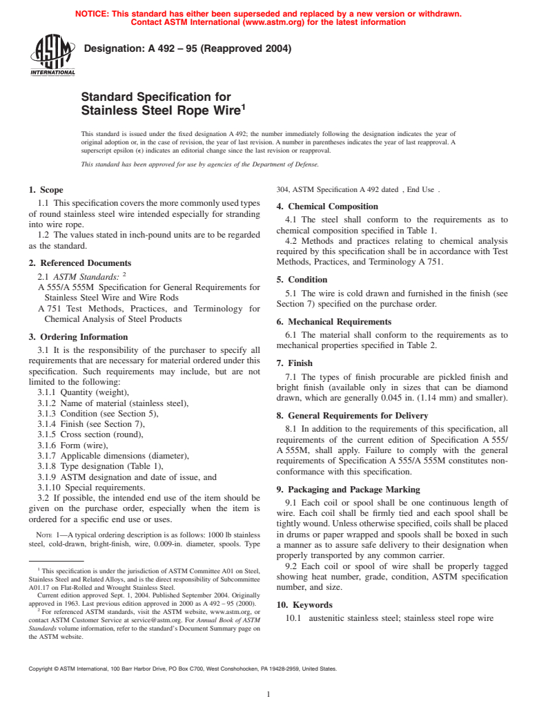 ASTM A492-95(2004) - Standard Specification for Stainless Steel Rope Wire