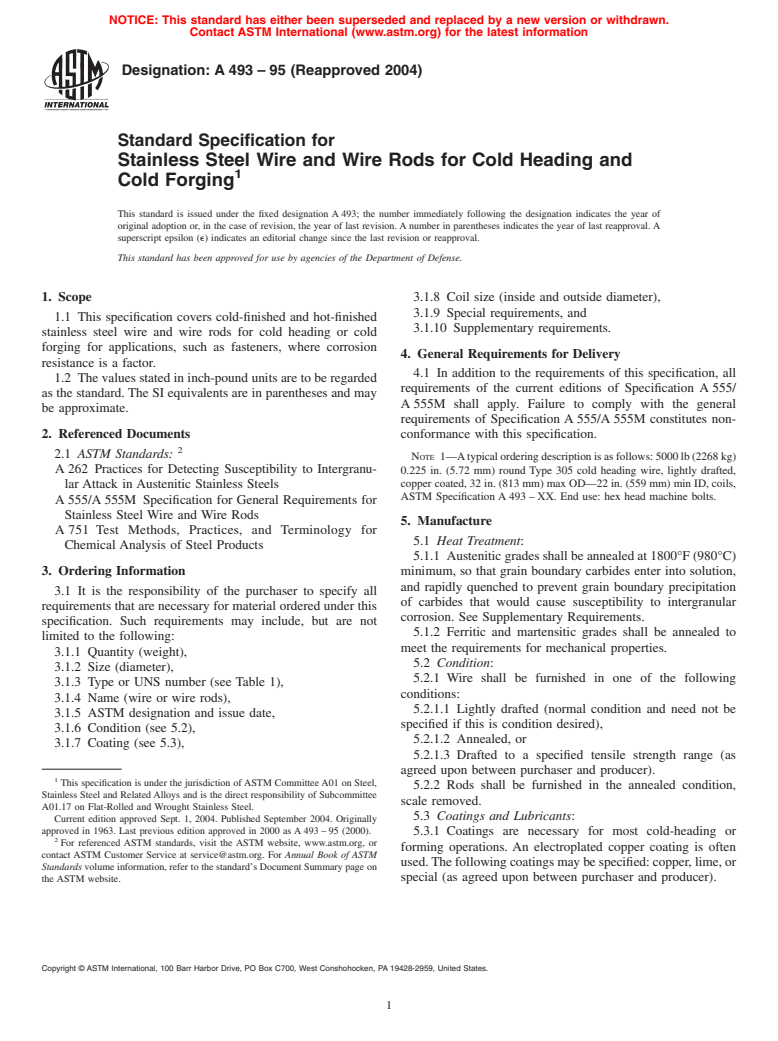 ASTM A493-95(2004) - Standard Specification for Stainless Steel Wire and Wire Rods for Cold Heading and Cold Forging