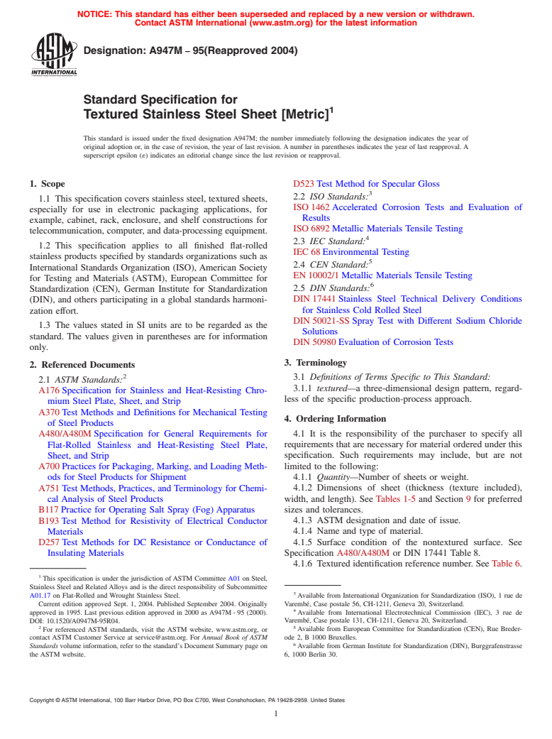 ASTM A947M-95(2004) - Standard Specification for Textured Stainless Steel Sheet [Metric] (Withdrawn 2012)