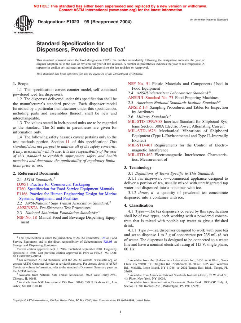 ASTM F1023-99(2004) - Standard Specification for Dispensers, Powdered Iced Tea