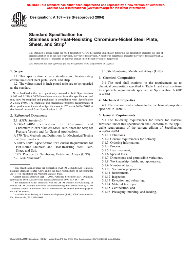 ASTM A167-99(2004) - Standard Specification for Stainless and Heat-Resisting Chromium-Nickel Steel Plate, Sheet, and Strip