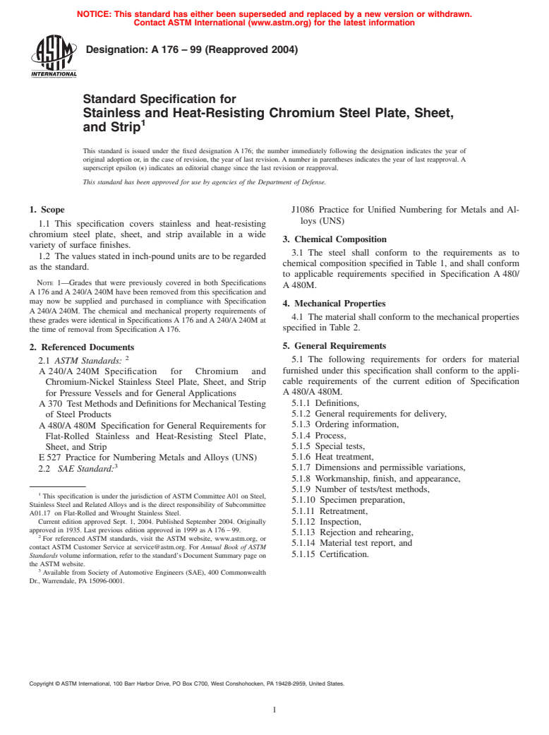 ASTM A176-99(2004) - Standard Specification for Stainless and Heat-Resisting Chromium Steel Plate, Sheet, and Strip