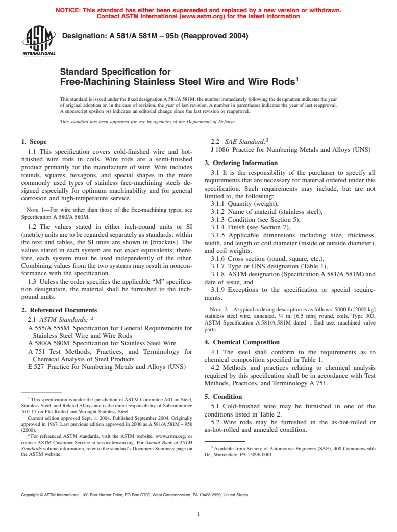 ASTM A581/A581M-95b(2004) - Standard Specification for Free-Machining Stainless Steel Wire and Wire Rods