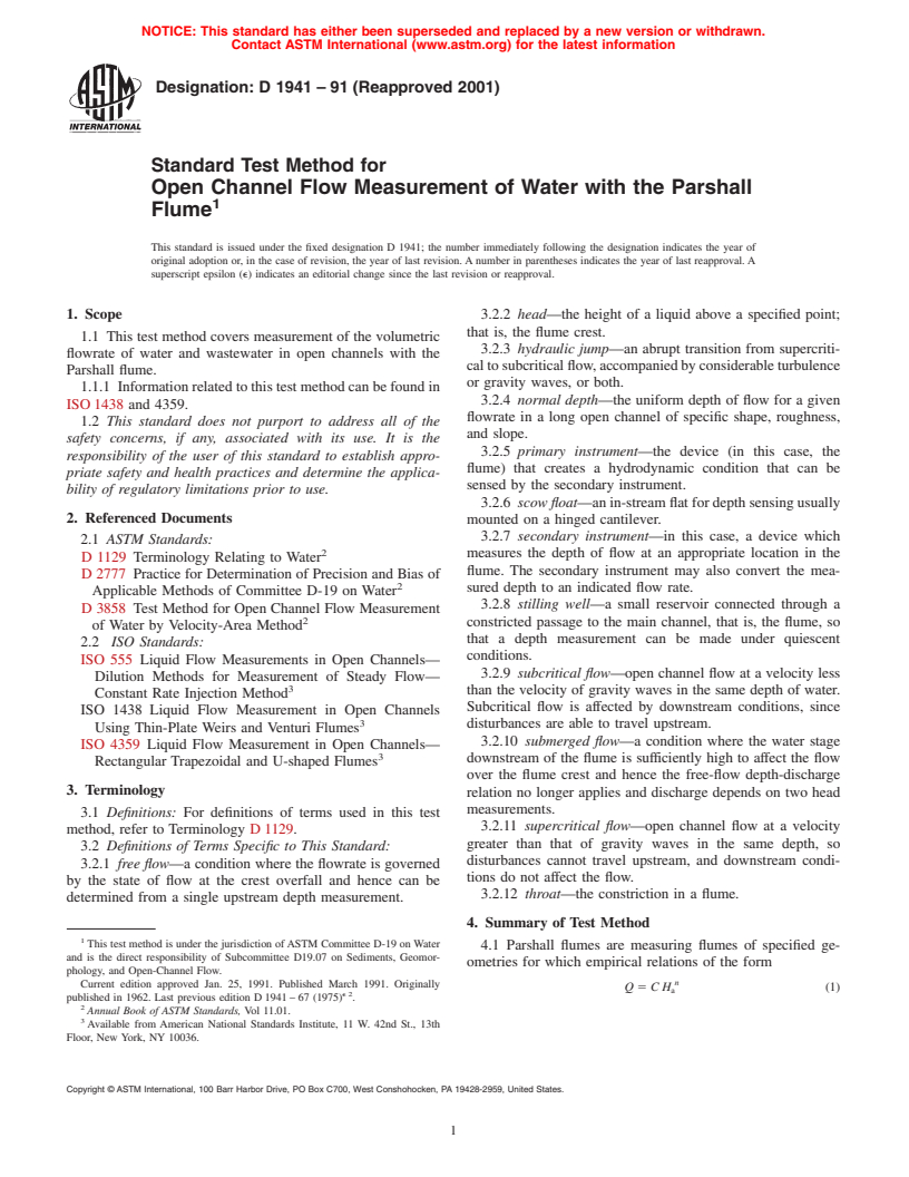 ASTM D1941-91(2001) - Standard Test Method for Open Channel Flow Measurement of Water with the Parshall Flume