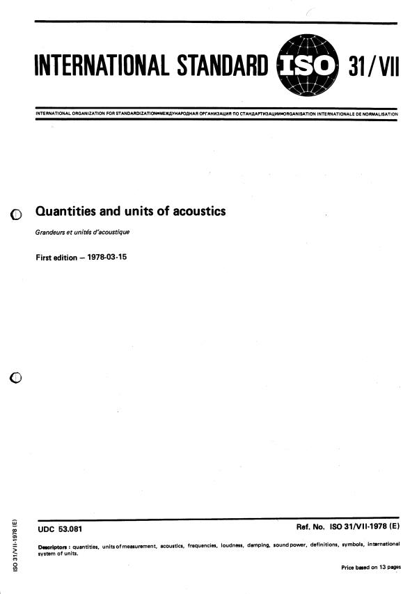 ISO 31-7:1978 - Quantities and units of acoustics