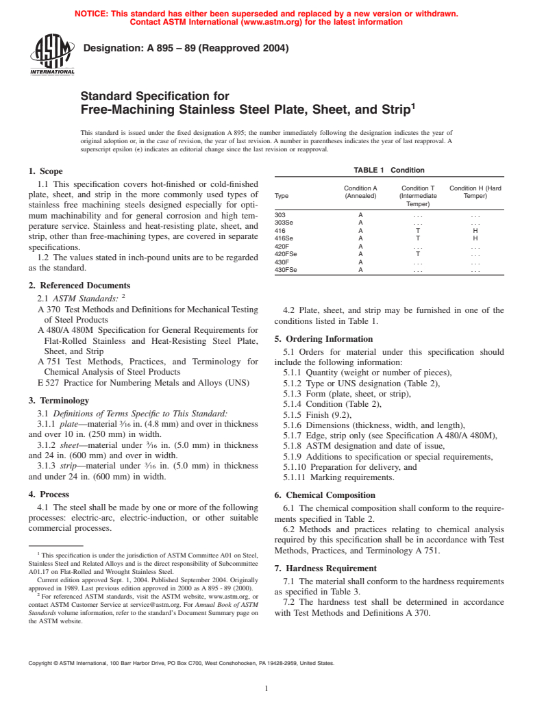 ASTM A895-89(2004) - Standard Specification for Free-Machining Stainless Steel Plate, Sheet, and Strip