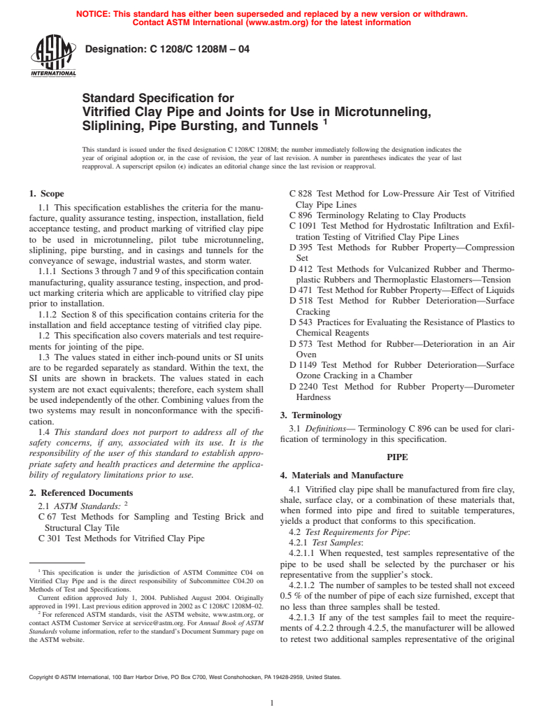ASTM C1208/C1208M-04 - Standard Specification for Vitrified Clay Pipe and Joints for Use in Microtunneling, Sliplining, Pipe Bursting, and Tunnels