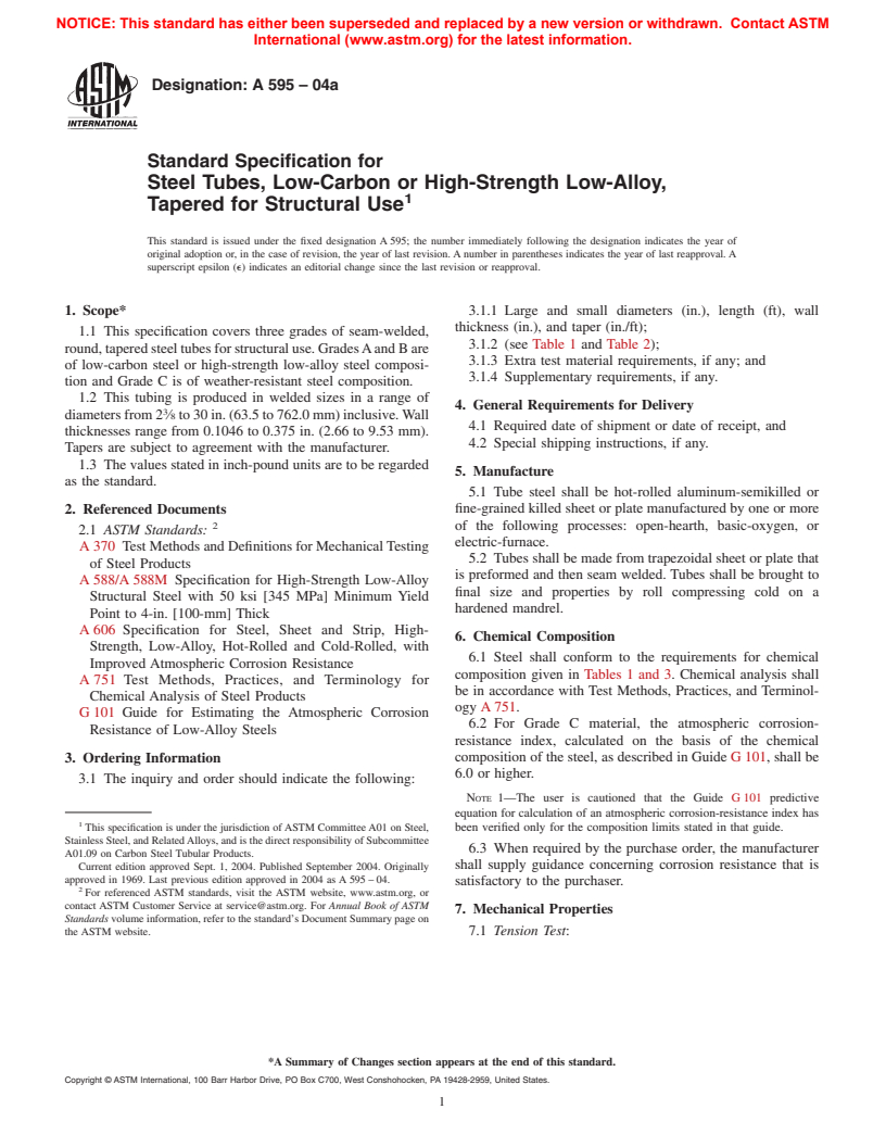 ASTM A595-04a - Standard Specification for Steel Tubes, Low-Carbon, Tapered for Structural Use