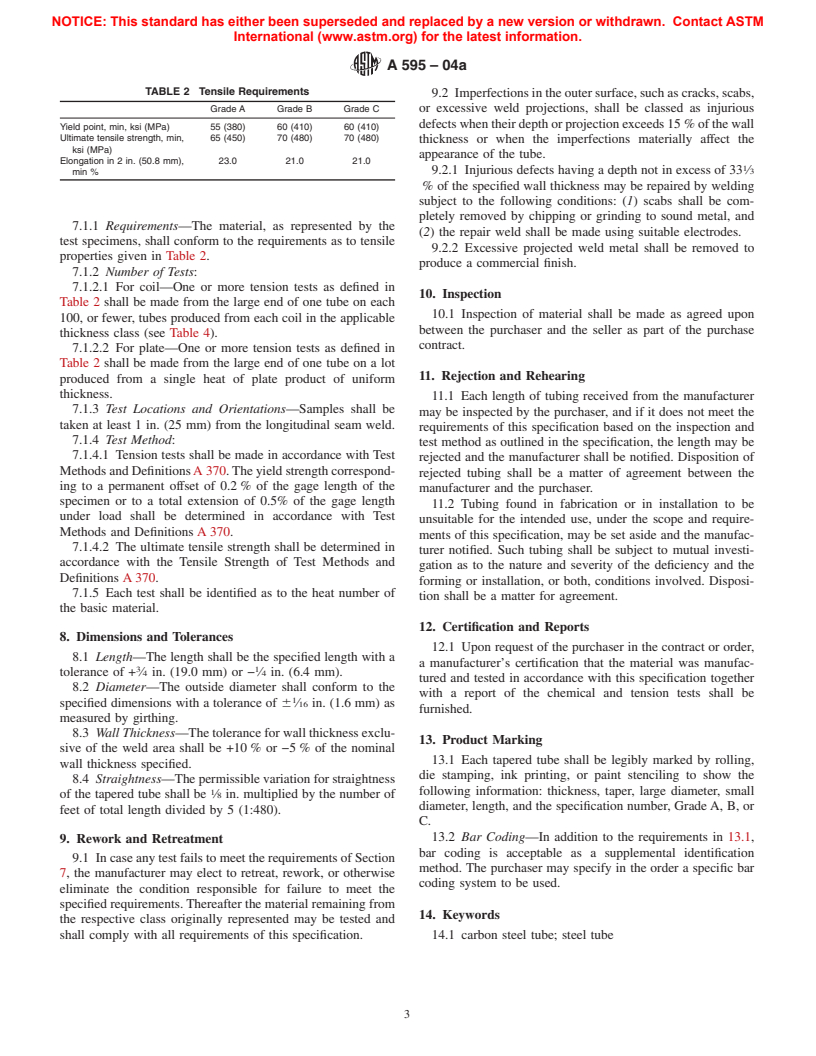 ASTM A595-04a - Standard Specification for Steel Tubes, Low-Carbon, Tapered for Structural Use