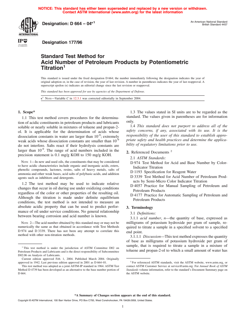 ASTM D664-04e1 - Standard Test Method for Acid Number of Petroleum Products by Potentiometric Titration