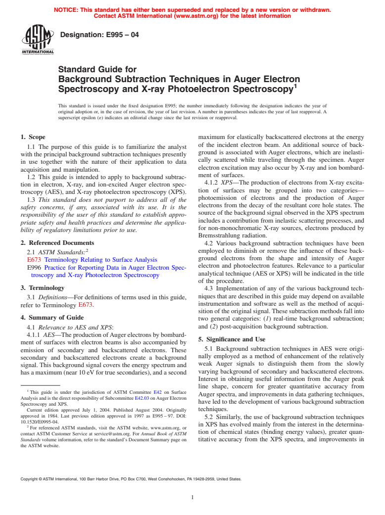 ASTM E995-04 - Standard Guide for Background Subtraction Techniques in Auger Electron Spectroscopy and X-ray Photoelectron Spectroscopy