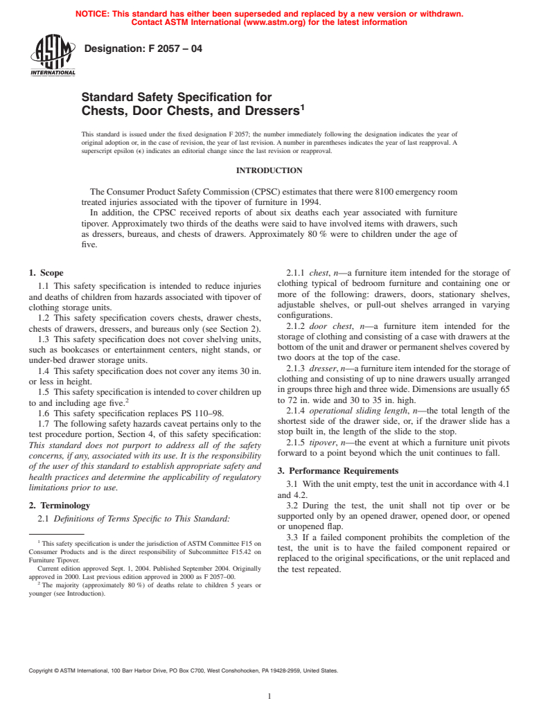 ASTM F2057-04 - Standard Safety Specification for Chests, Door Chests, and Dressers