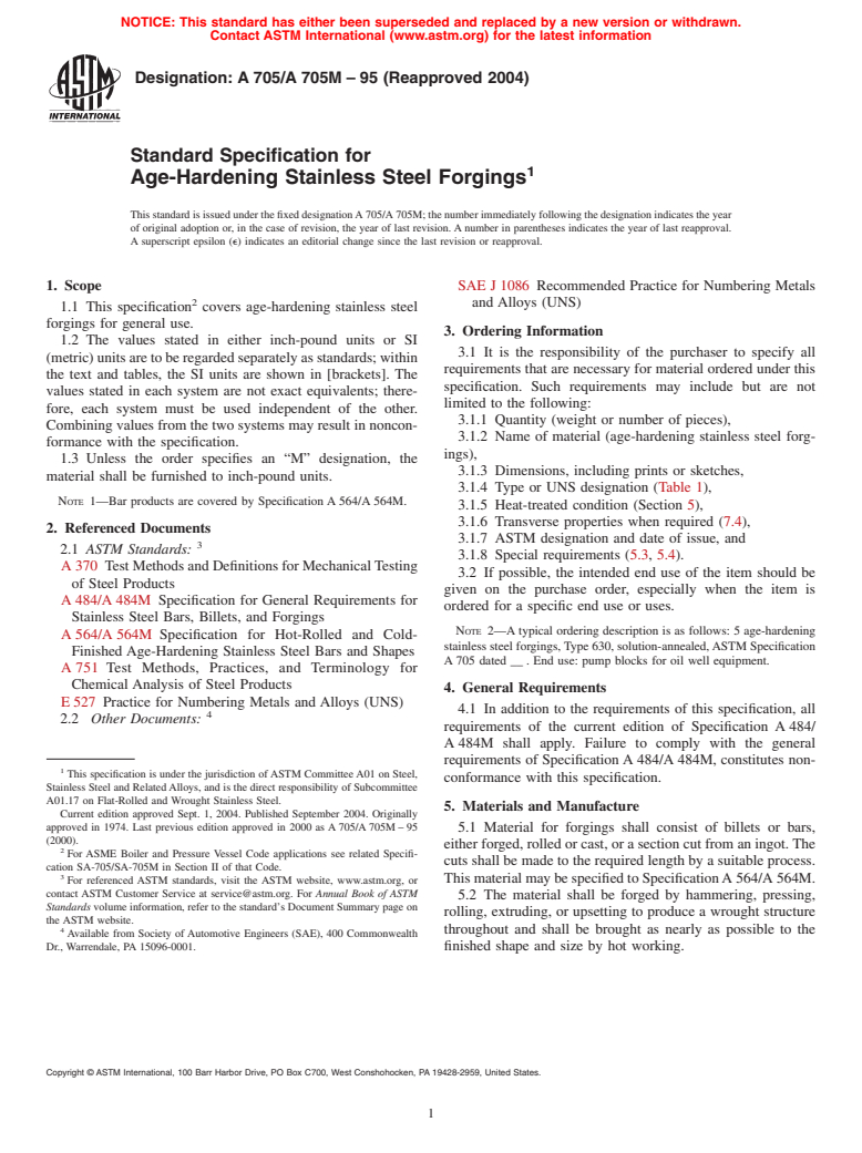 ASTM A705/A705M-95(2004) - Standard Specification for Age-Hardening Stainless Steel Forgings