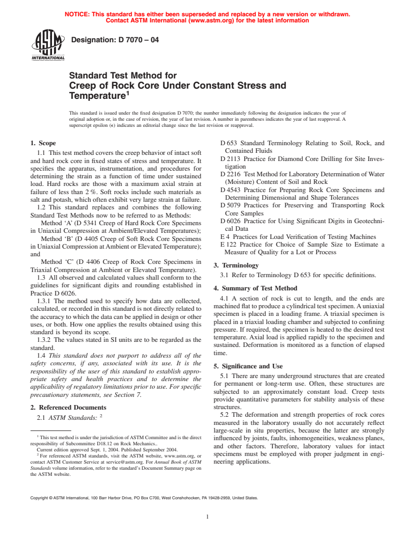 ASTM D7070-04 - Standard Test Method for Creep of Rock Core Under Constant Stress and Temperature