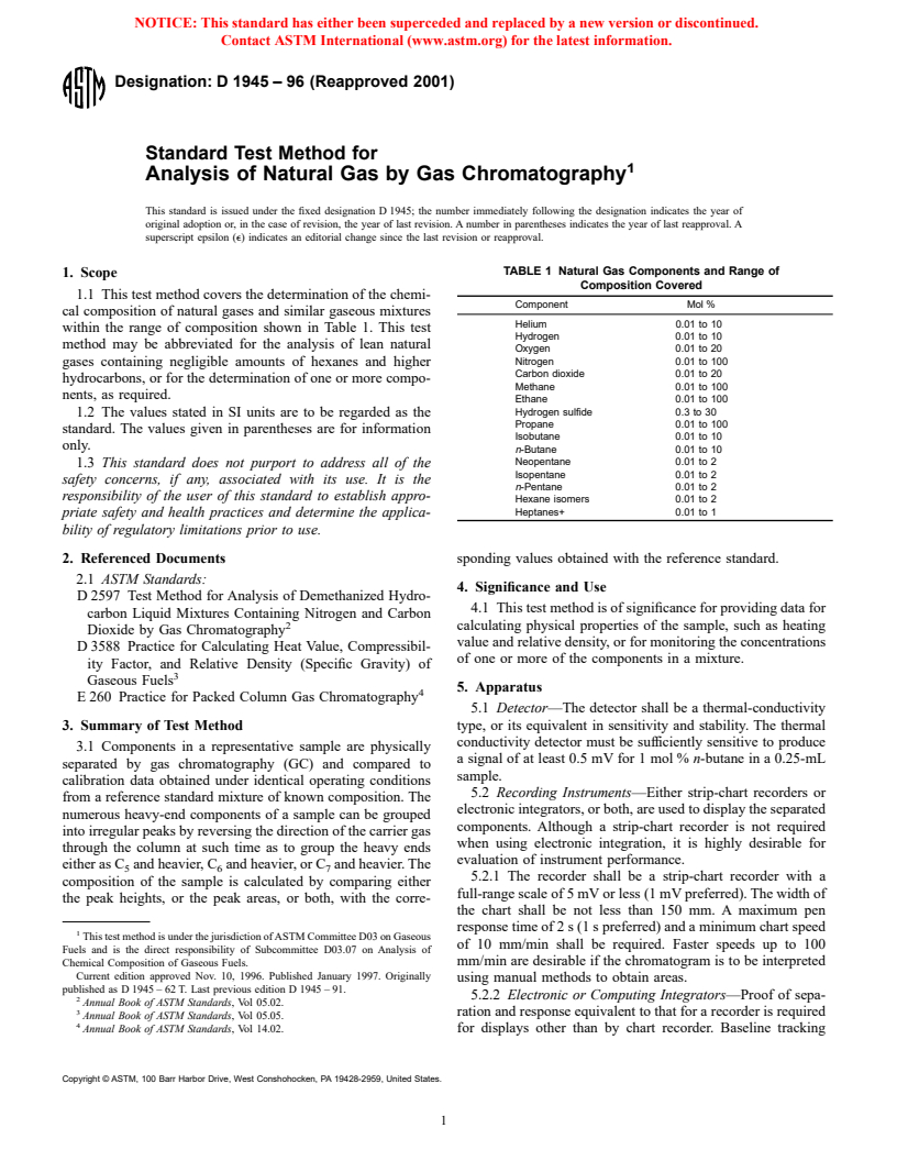 ASTM D1945-96(2001) - Standard Test Method for Analysis of Natural Gas by Gas Chromatography