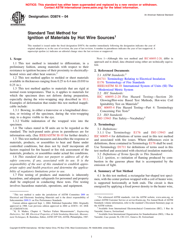 ASTM D3874-04 - Standard Test Method for Ignition of Materials by Hot Wire Sources