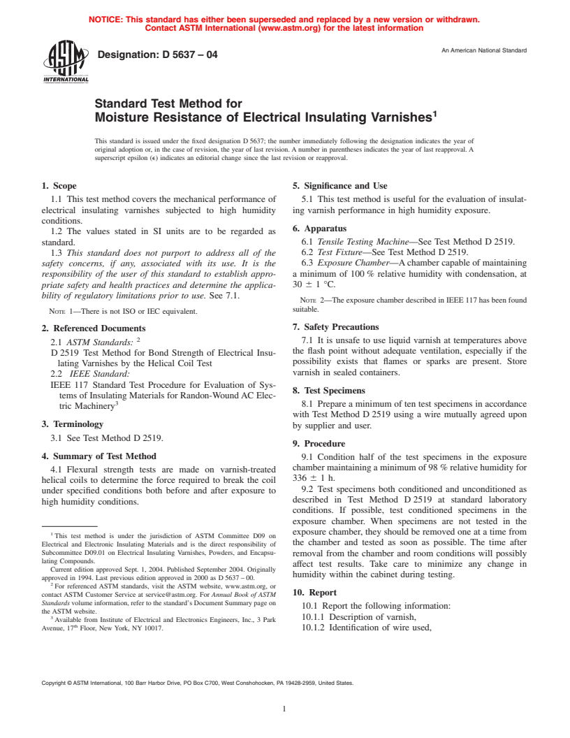 ASTM D5637-04 - Standard Test Method for Moisture Resistance of Electrical Insulating Varnishes