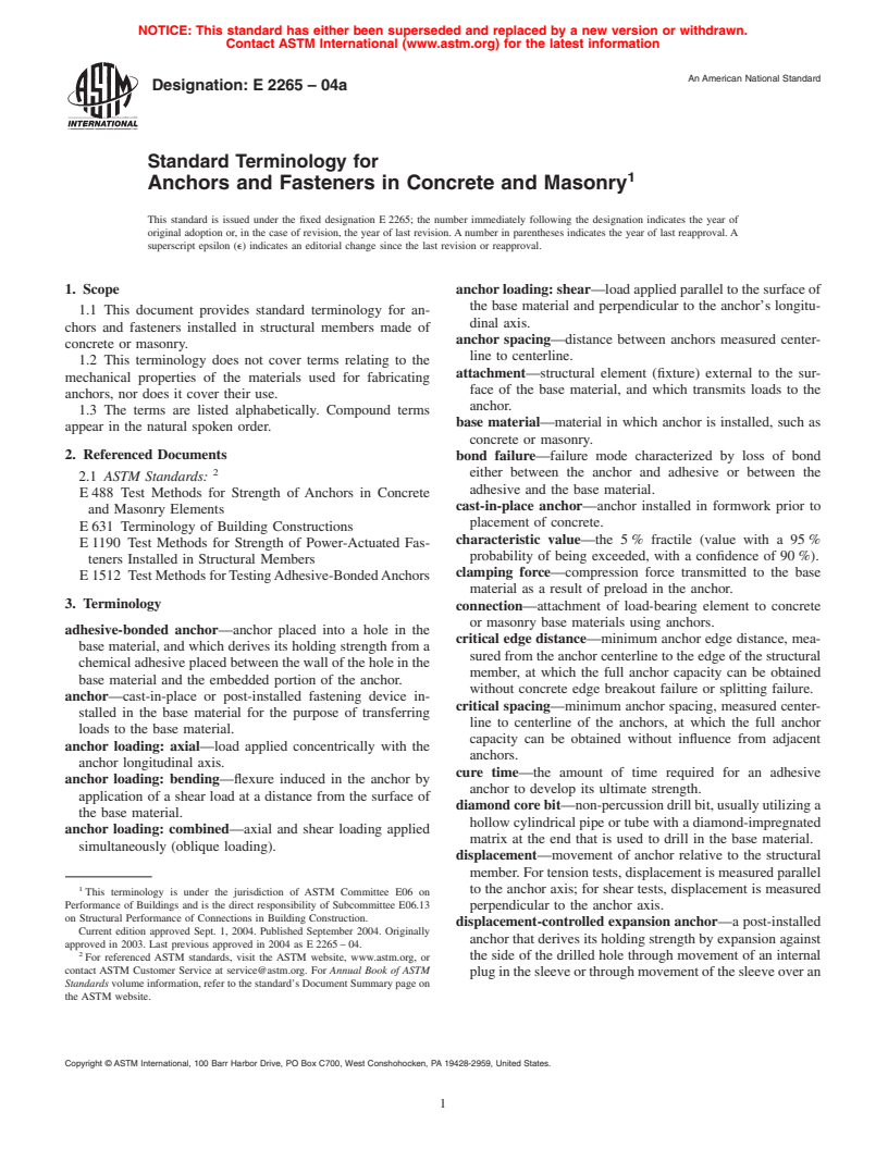 ASTM E2265-04a - Standard Terminology for Anchors and Fasteners in Concrete and Masonry