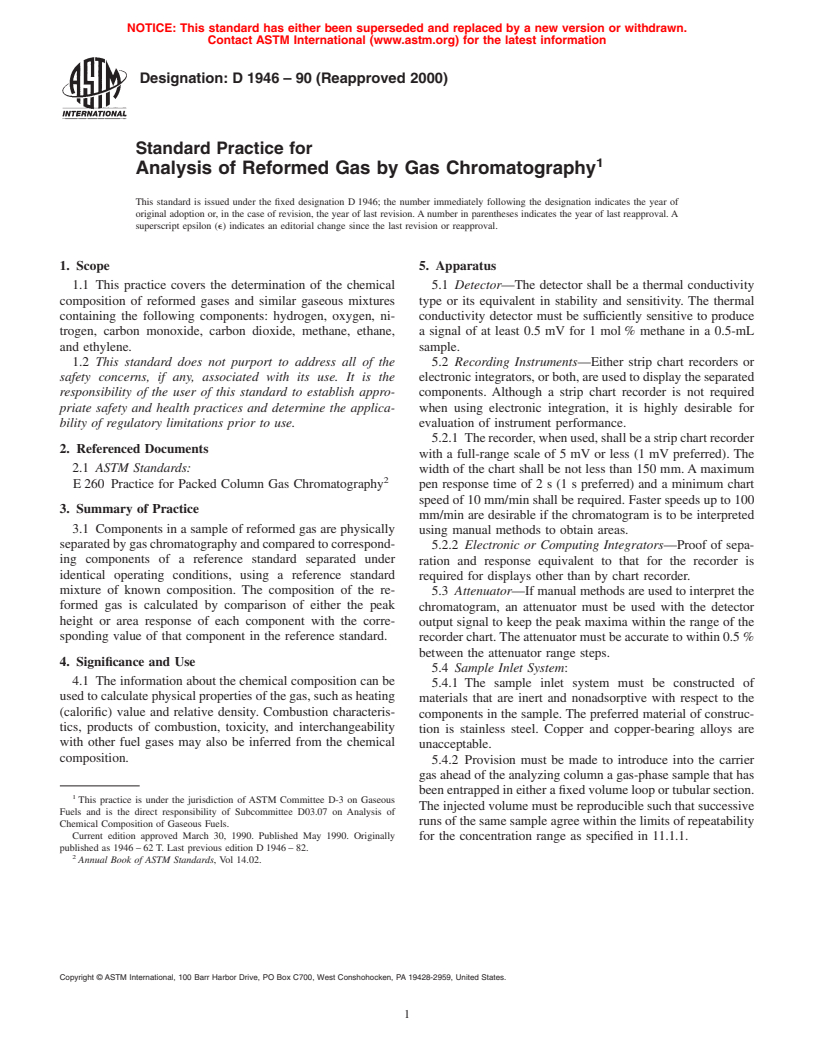 ASTM D1946-90(2000) - Standard Practice for Analysis of Reformed Gas by Gas Chromatography