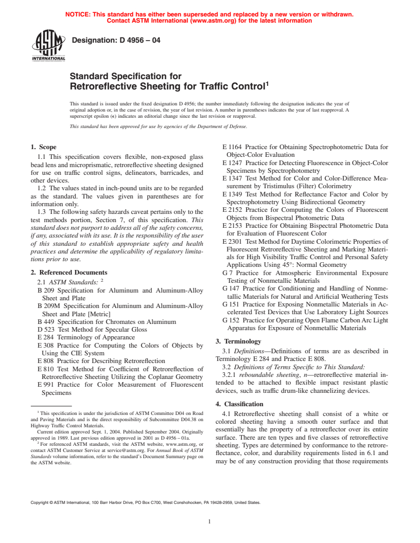 ASTM D4956-04 - Standard Specification for Retroreflective Sheeting for Traffic Control