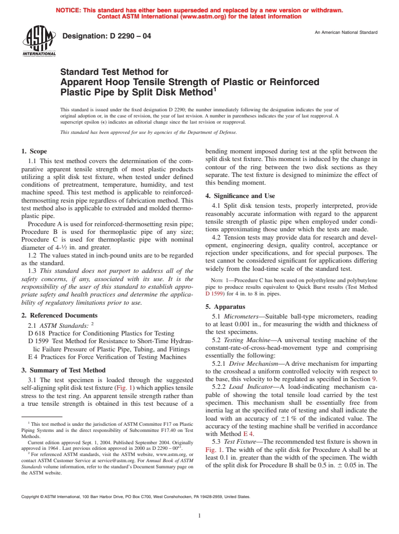 ASTM D2290-04 - Standard Test Method for Apparent Hoop Tensile Strength of Plastic or Reinforced Plastic Pipe by Split Disk Method