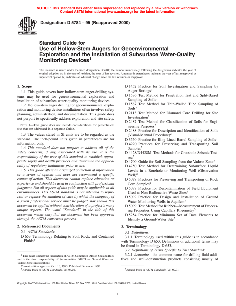 ASTM D5784-95(2000) - Standard Guide for Use of Hollow-Stem Augers for Geoenvironmental Exploration and the Installation of Subsurface Water-Quality Monitoring Devices