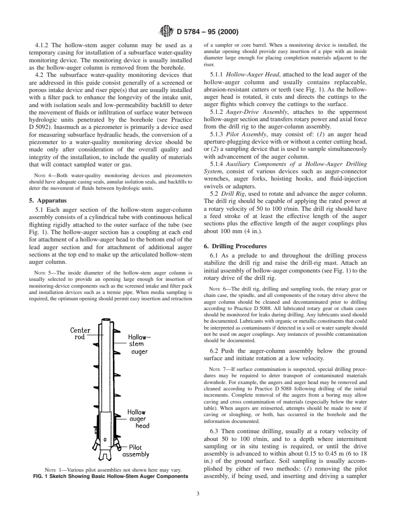 ASTM D5784-95(2000) - Standard Guide for Use of Hollow-Stem Augers for Geoenvironmental Exploration and the Installation of Subsurface Water-Quality Monitoring Devices