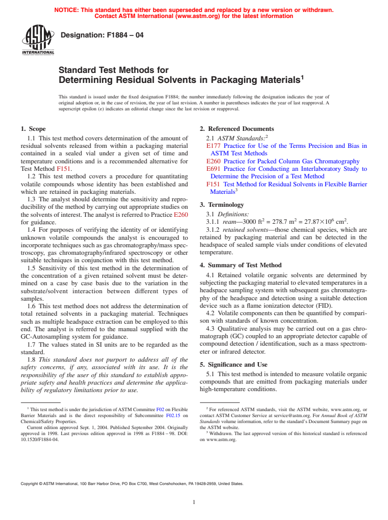 ASTM F1884-04 - Standard Test Method for Determining Residual Solvents in Packaging Materials