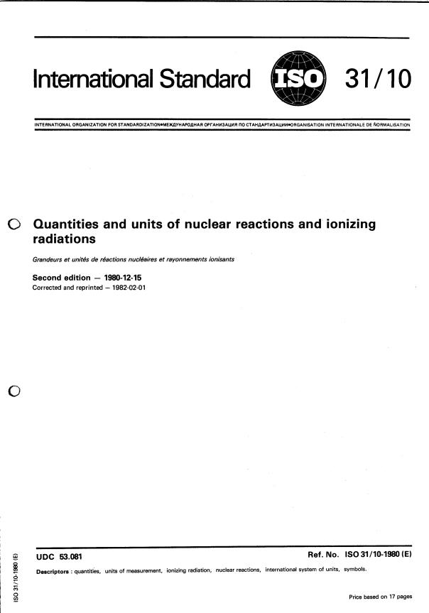 ISO 31-10:1980 - Quantities and units of nuclear reactions and ionizing radiations