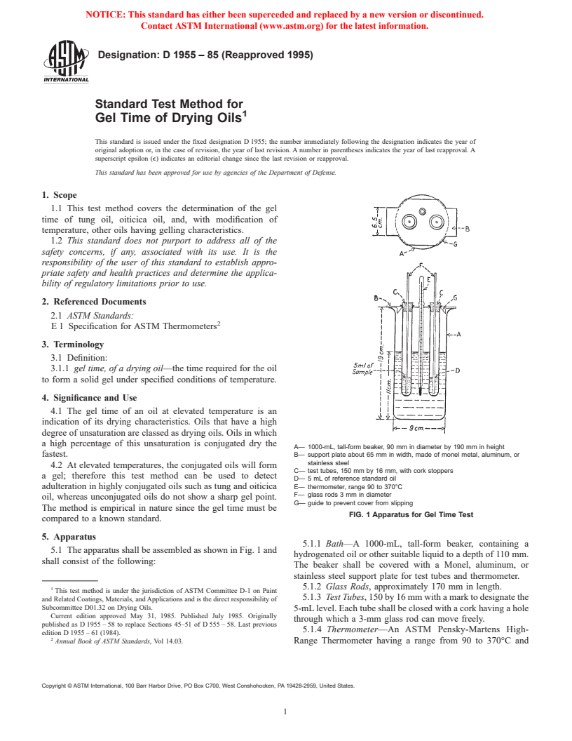 ASTM D1955-85(1995) - Standard Test Method for Gel Time of Drying Oils (Withdrawn 2003)