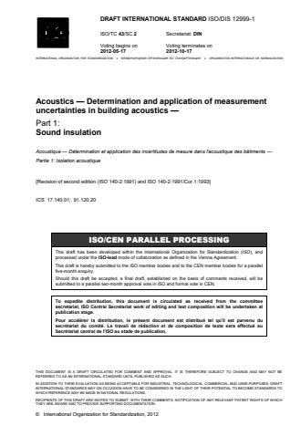 ISO 12999-1:2014 - Acoustics -- Determination and application of measurement uncertainties in building acoustics
