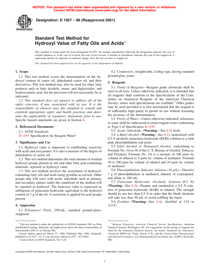 ASTM D1957-86(2001) - Standard Test Method for Hydroxyl Value of Fatty Oils and Acids (Withdrawn 2007)