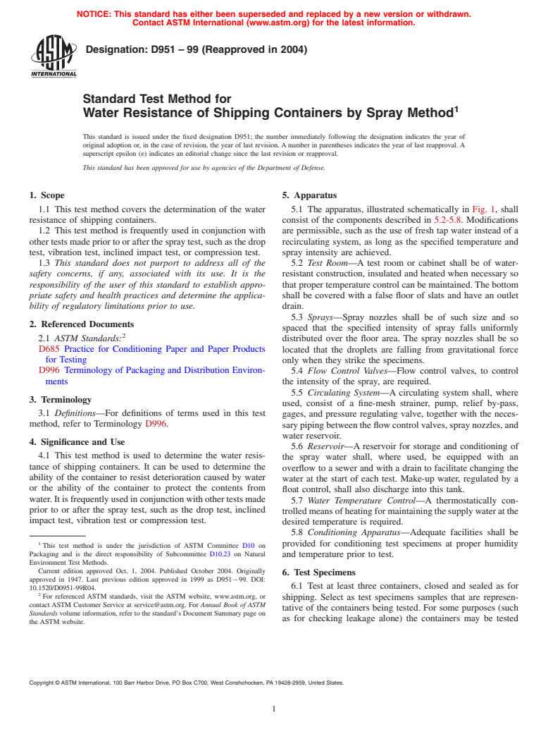 ASTM D951-99(2004) - Standard Test Method for Water Resistance of Shipping Containers by Spray Method