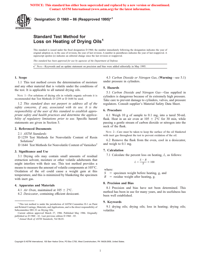 ASTM D1960-86(1995)e1 - Standard Test Method for Loss on Heating of Drying Oils (Withdrawn 2003)