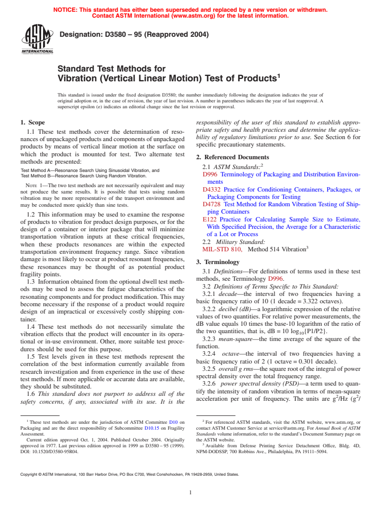 ASTM D3580-95(2004) - Standard Test Methods for Vibration (Vertical Linear Motion) Test of Products