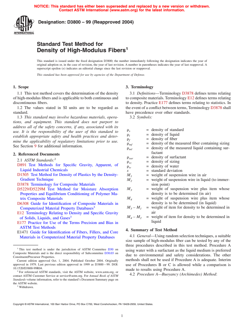 ASTM D3800-99(2004) - Standard Test Method for Density of High-Modulus Fibers