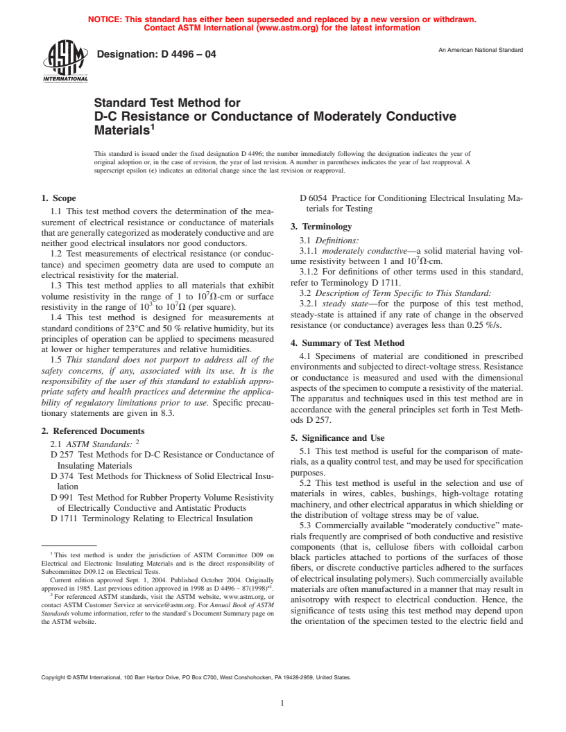 ASTM D4496-04 - Standard Test Method for D-C Resistance or Conductance of Moderately Conductive Materials