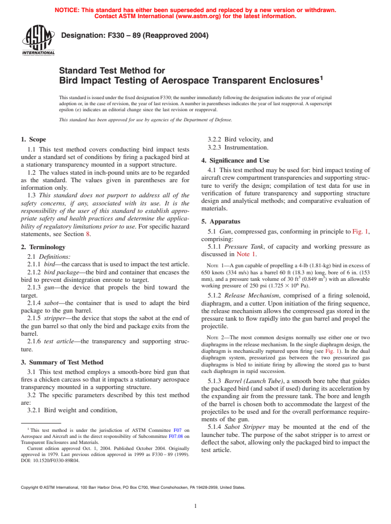 ASTM F330-89(2004) - Standard Test Method for Bird Impact Testing of Aerospace Transparent Enclosures