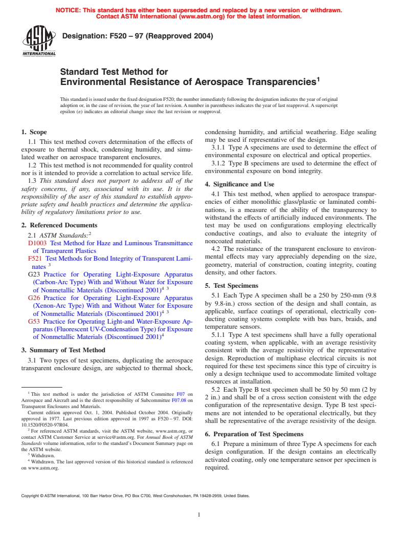 ASTM F520-97(2004) - Standard Test Method for Environmental Resistance of Aerospace Transparencies