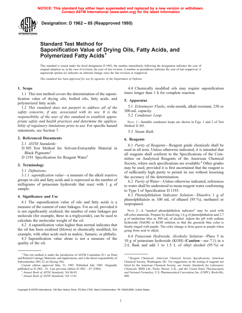 ASTM D1962-85(1995) - Standard Test Method for Saponification Value of Drying Oils, Fatty Acids, and Polymerized Fatty Acids (Withdrawn 2004)