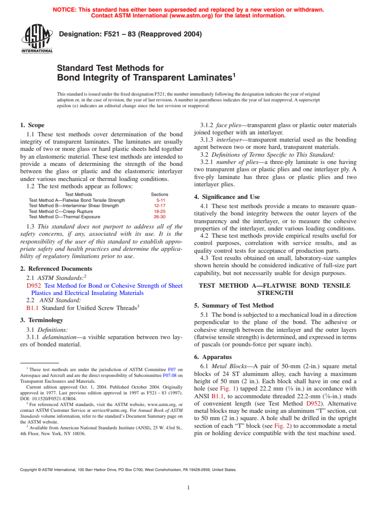 ASTM F521-83(2004) - Standard Test Methods for Bond Integrity of Transparent Laminates