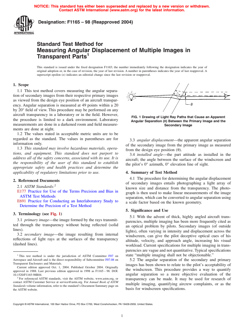 ASTM F1165-98(2004) - Standard Test Method for Measuring Angular Displacement of Multiple Images in Transparent Parts